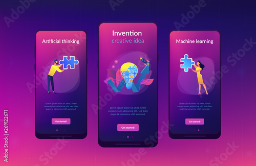 Business team doing lightbulb from jigsaw puzzle and rising arrow. Creative idea and insight, notion, invention concept on white background. Mobile UI UX GUI template, app interface wireframe