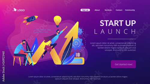 Businessman working and flying like superhero with briefcase. Start up launch, start up venture and entrepreneurship concept on white background. Website vibrant violet landing web page template.