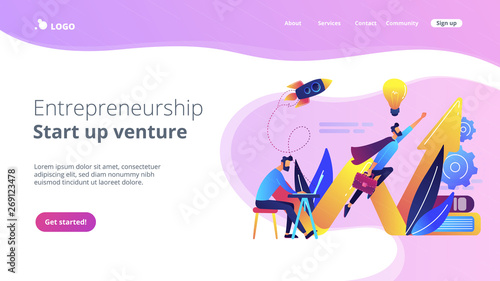 Businessman working and flying like superhero with briefcase. Start up launch, start up venture and entrepreneurship concept on white background. Website vibrant violet landing web page template.