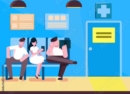 turn to the doctor's office, men and women sit on the couch and wait for admission to the clinic, векторная цветная иллюстрация