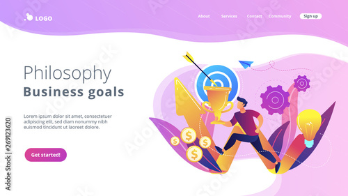Businessman with trophy running and rising arrow. Business mission, mission statement, business goals and philosophies concept on white background. Website vibrant violet landing web page template.