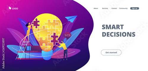 Business team brainstorm, lightbulb and rocket. Vision statement, business and company mission, business planning concept on ultraviolet background. Website vibrant violet landing web page template.