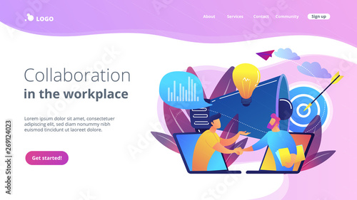 Businessmen handshake from laptops and megaphone. Collaboration and communication, corporate and cooperative business concept on white background. Website vibrant violet landing web page template.