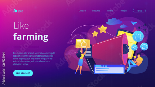 Users with like and share icons and megaphone. Like comment share giveaway, social networks promotion, like farming concept on white background. Website vibrant violet landing web page template.
