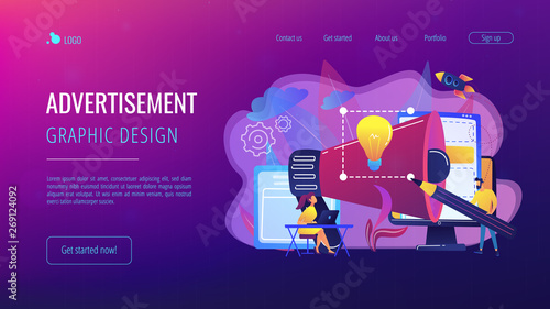 Designers work on new brand and big megaphone. Brand identity and logo, business card, advertisement and graphic design concept on white background. Website vibrant violet landing web page template.