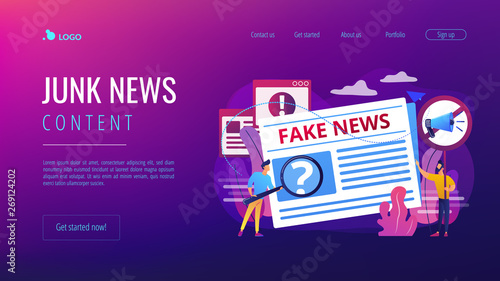 False information broadcasting. Press, newspaper journalists, editors. Fake news, junk news content, disinformation in media concept. Website homepage landing web page template.