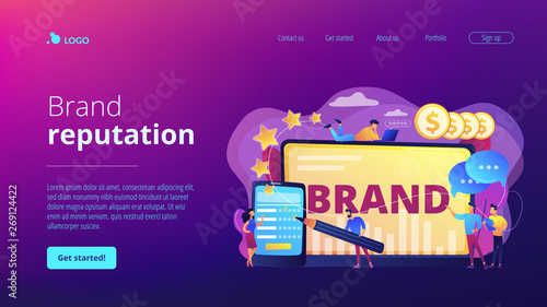Promoting company credibility. Increasing clients loyalty. Customers conversion. Brand reputation, brand management, sales driving strategy concept. Website homepage landing web page template.