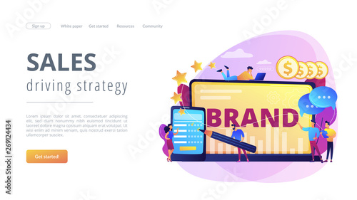 Promoting company credibility. Increasing clients loyalty. Customers conversion. Brand reputation, brand management, sales driving strategy concept. Website homepage landing web page template.