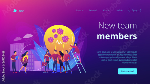 Company newcomers, personnel, staff. New team members, adaptation of new employees, first days in company, new employees training concept. Website homepage landing web page template.