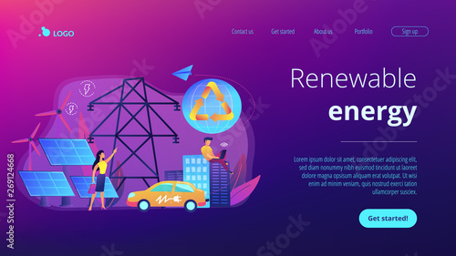 Business people use clean renewable electric energy in the city. Renewable energy, renewable power resources, rural energy services concept. Website vibrant violet landing web page template.