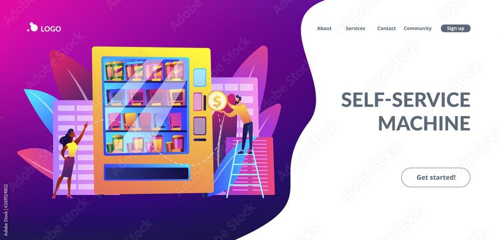 Consumer inserts dollar coin into vending machine and buys snacks and drink. Vending machine service, vending business, self-service machine concept. Website vibrant violet landing web page template.