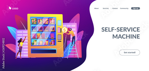 Consumer inserts dollar coin into vending machine and buys snacks and drink. Vending machine service, vending business, self-service machine concept. Website vibrant violet landing web page template.