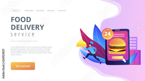 Order huge hamburger on tablet available 24 hours and a cook delivering dish. Food delivery service, online food ordering, 24 7 food service concept. Website vibrant violet landing web page template.