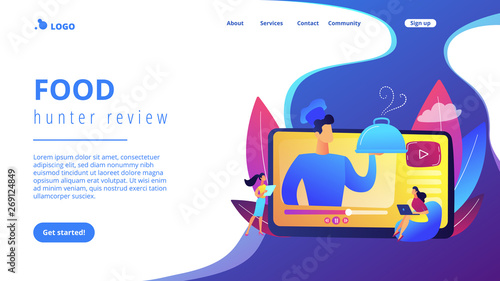 Professional chef holding dish on video and users watching food blog with recipes. Food blogging, food hunter review, foodie blog concept. Website vibrant violet landing web page template.