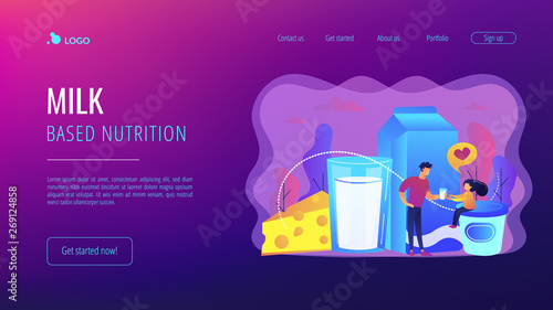 Dairy products, cheese, yoghurt and kid likes drinking milk, tiny people. Dairy products, milk based nutrition, dairy products production concept. Website homepage landing web page template.