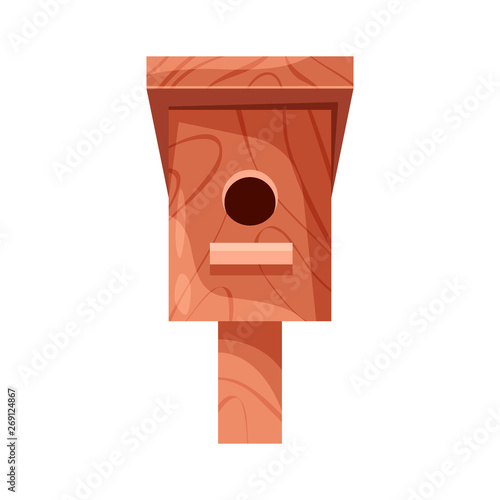 Wooden handmade bird house isolated on white background. Cartoon homemade nesting box for birds, ecology birdbox vector illustration