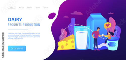 Dairy products, cheese, yoghurt and kid likes drinking milk, tiny people. Dairy products, milk based nutrition, dairy products production concept. Website homepage landing web page template.