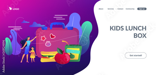 Businesswoman with child pointing to lunch box and sandwich with apple, tiny people. Kids lunch box, lunch box idea, balanced kids nutrition concept. Website homepage landing web page template.