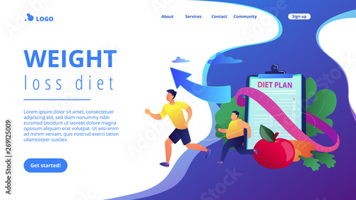 Businessman running and losing weight with diet plan and healthy food, tiny people. Weight loss diet, low-carb diet, healthy meal food concept. Website homepage landing web page template.