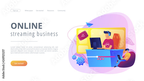 E-sport gamer live streaming online videogame play and viewer with laptop. E-sports streaming, live game show, online streaming business concept. Website vibrant violet landing web page template.