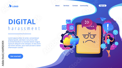 Internet troll quarreling and upsetting user online and tablet with troll face. Internet trolling, digital harassment, internet behaviour concept. Website vibrant violet landing web page template.