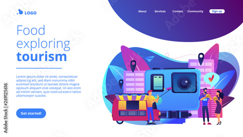 Tourists eat and like local cuisine, taking selfies and action camera. Culinary tourism, authentic food experience, food exploring tourism concept. Website vibrant violet landing web page template.