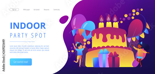 Happy kids at huge cake with candles and gift boxes celebrating birthday party. Kids birthday party, kids party ideas, indoor party spot concept. Website vibrant violet landing web page template.