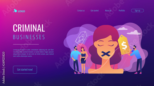Woman with duct tape on mouth and price tag being trafficked and sexually exploited. Sex trafficking, human trafficking, criminal businesses concept. Website vibrant violet landing web page template.