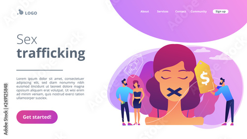 Woman with duct tape on mouth and price tag being trafficked and sexually exploited. Sex trafficking, human trafficking, criminal businesses concept. Website vibrant violet landing web page template.