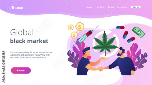 Drug dealer distributing and selling marijuana, pills and syringe to customer. Drug trafficking, illegal drug trade, global black market concept. Website vibrant violet landing web page template.