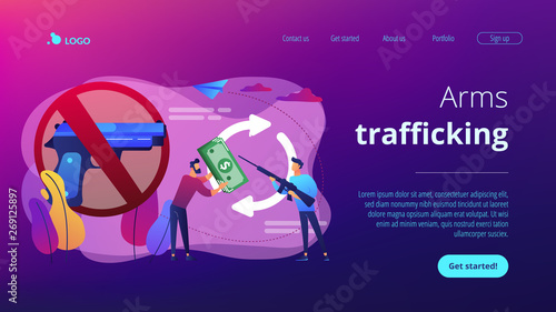 Illegal arms trafficking sign and dealer selling gun to customer. Arms trafficking, contraband weapons, international terrorism concept. Website vibrant violet landing web page template.