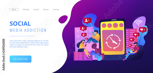 Business people scrolling through newsfeeds, smartphone with clock. Mindlessly scrolling, clicking on applications, social media addiction concept. Website vibrant violet landing web page template.