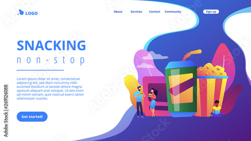 Business people eating hamburgers and drinking soft drinks near huge junk food. Snacking non-stop, junk food eating, reduce cholesterol use concept. Website vibrant violet landing web page template.