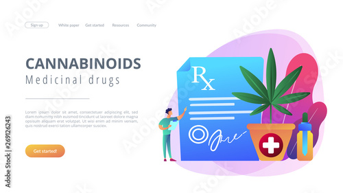 Doctor showing prescription for medical marijuana, bottle with cbd oil. Medical marijuana, medical cannabis, cannabinoids medicinal drugs concepts. Website vibrant violet landing web page template.