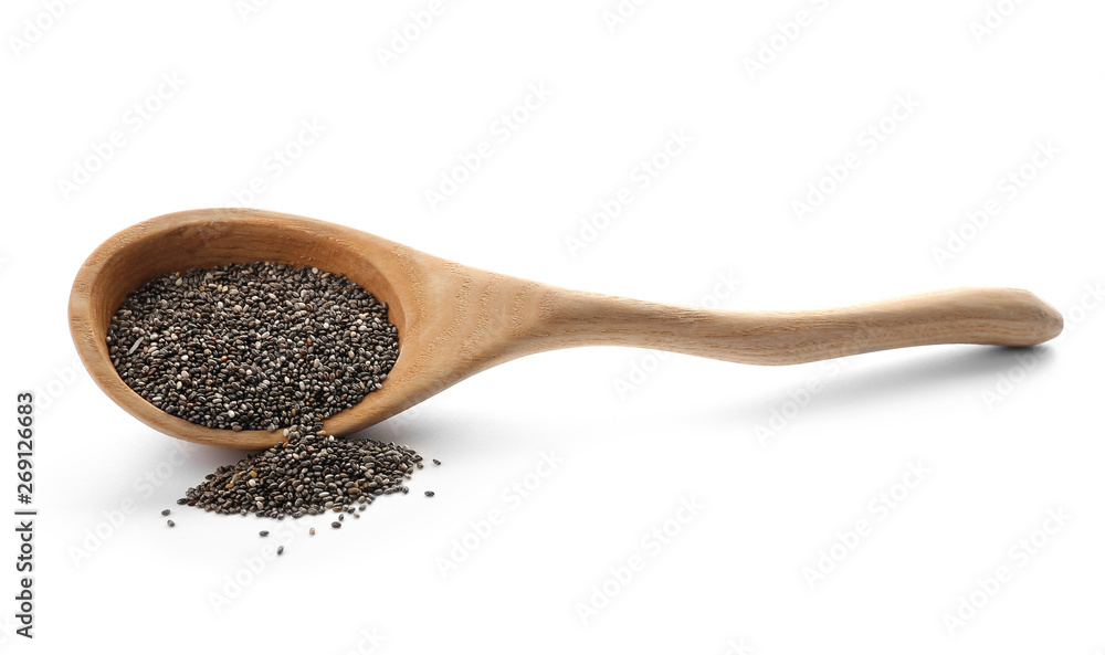 Spoon with chia seeds on white background Spoon with chia seeds on white background