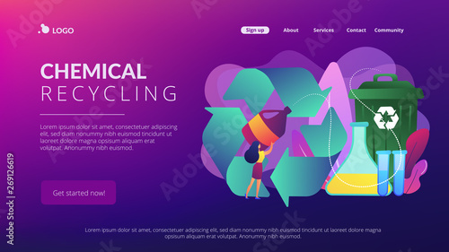 Businesswoman recycling plastic detergent bottle to produce chemicals. Chemical recycling, plastics recycling method, polymeric wastes reuse concept. Website vibrant violet landing web page template.