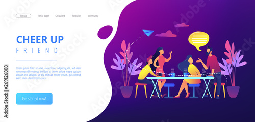 Group of friends sitting at the table talking, drinking coffee and tea, tiny people. Friends meeting, cheer up friend, friendship support concept. Website vibrant violet landing web page template.