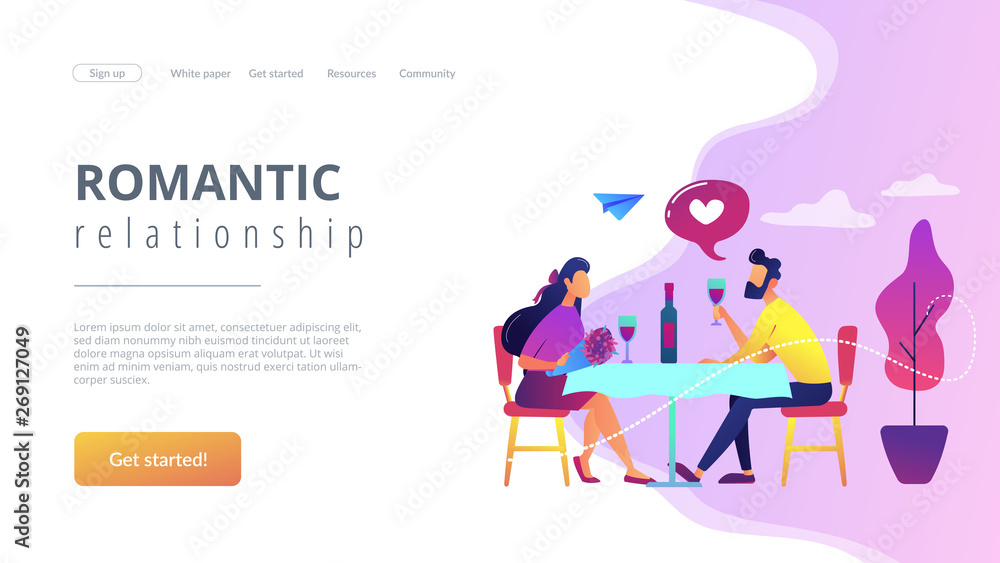 Happy couple in love on romantic date sitting at table and drinking wine, tiny people. Romantic date, romantic relationship, love story concept. Website vibrant violet landing web page template.