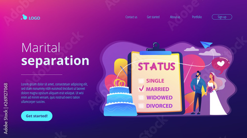 Married couple and marital status on clipboard, tiny people. Relationship status, marital status and separation, marriage and divorce concept. Website vibrant violet landing web page template.