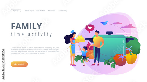 Tiny people family waiting for wife in apron cook tasty food and big pot, vegetables. Home cooking, home foods recipes, family time activity concept. Website vibrant violet landing web page template.