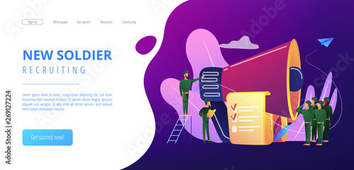 Officer with megaphone recuiting, soldiers saluting, tiny people. Military conscription, compulsory military service, new soldier recruiting concept. Website vibrant violet landing web page template.