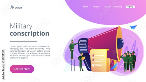 Officer with megaphone recuiting, soldiers saluting, tiny people. Military conscription, compulsory military service, new soldier recruiting concept. Website vibrant violet landing web page template.