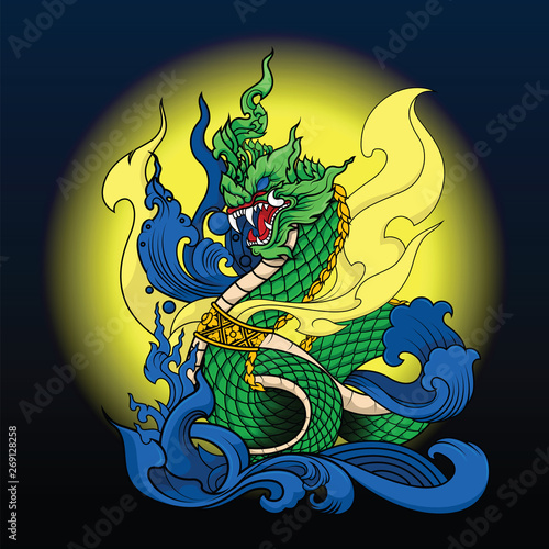 Hand drawn Thai Dragon on water, Line Thai is Thailand Style and Tattoo design.The Naga is a wild animal in Himmapan Forest.