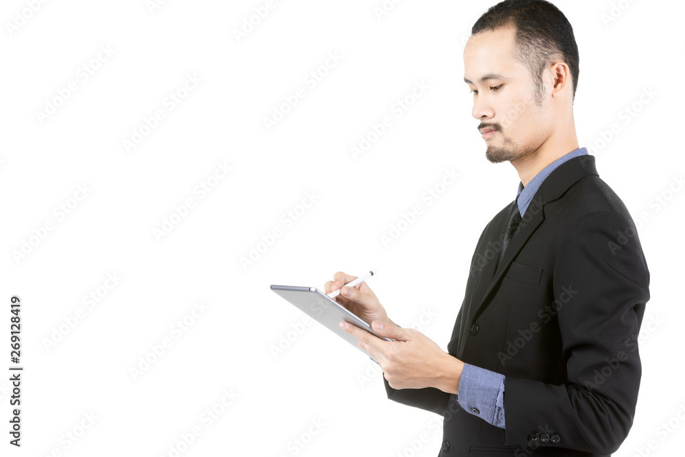 Asian Young Man Using Digital Tablet Isolated On White .