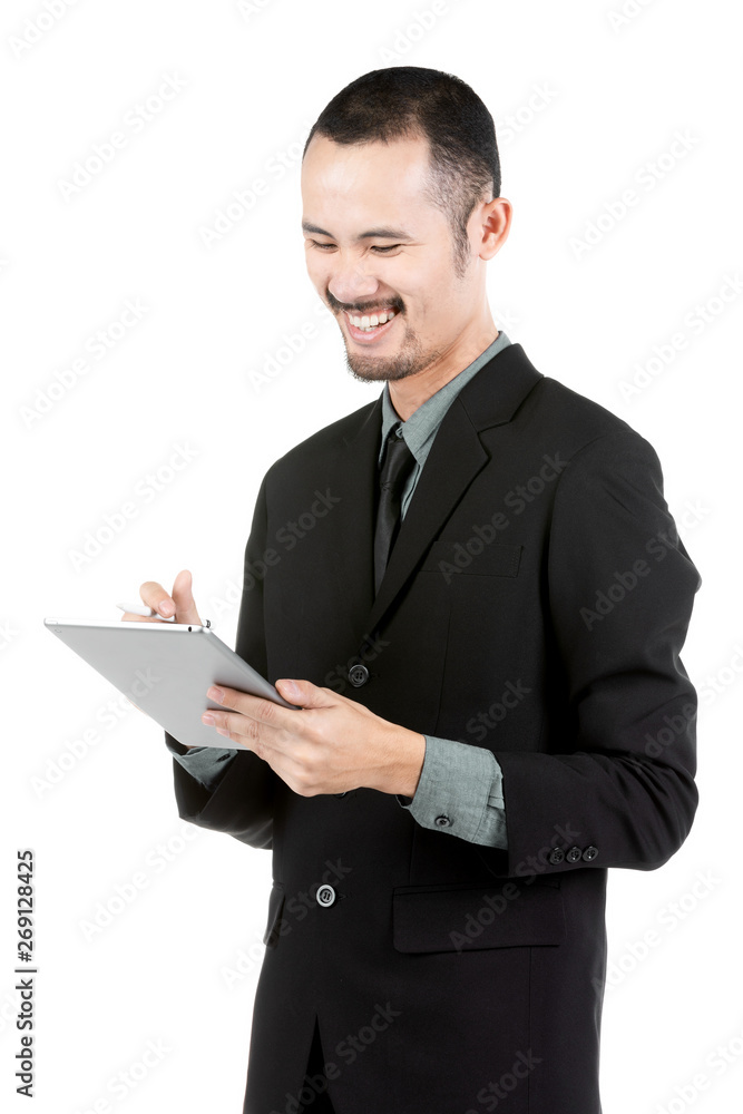 Asian Young Man Using Digital Tablet Isolated On White . Asian Young Man Using Digital Tablet Isolated On White .