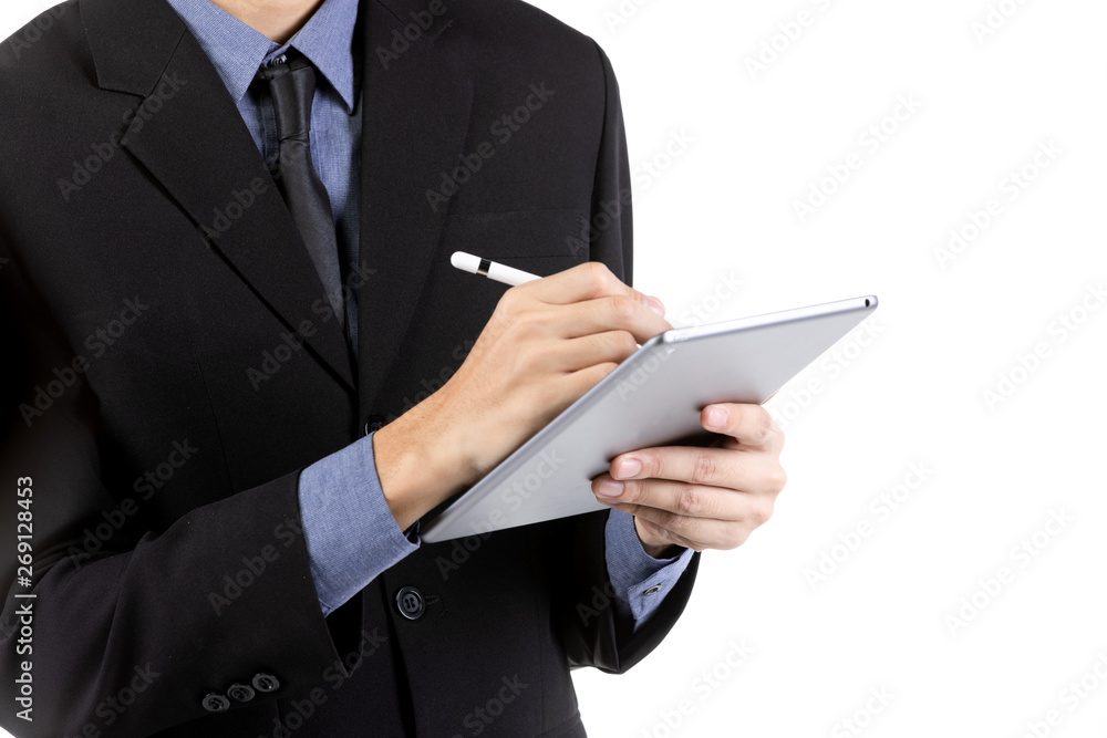 Asian Young Man Using Digital Tablet Isolated On White . Asian Young Man Using Digital Tablet Isolated On White .