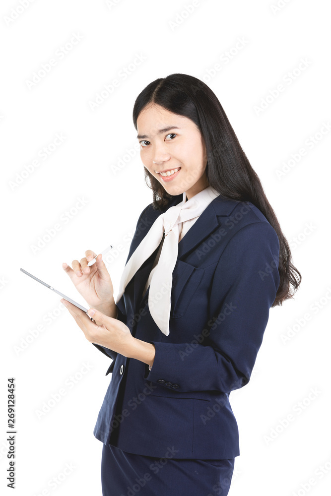Asian Young woman Using Digital Tablet Isolated On White . Asian Young woman Using Digital Tablet Isolated On White .