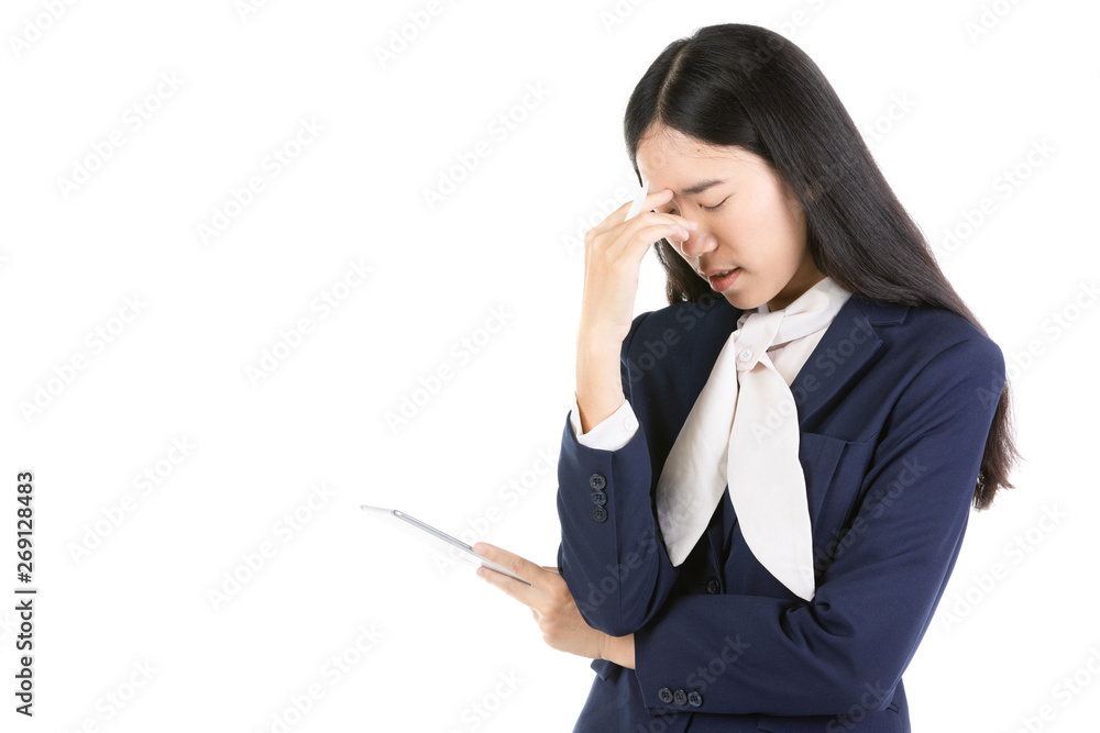 Asian anxious woman with Digital Tablet Isolated On White Asian anxious woman with Digital Tablet Isolated On White