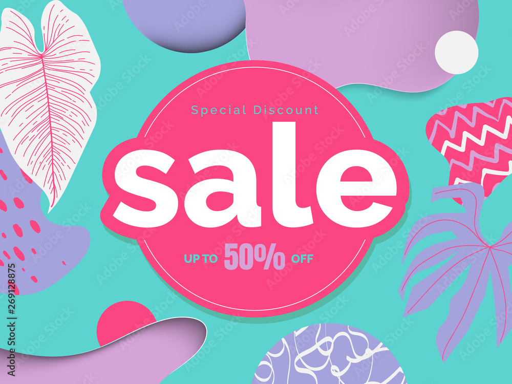 Botanical sale banner/background template design, leaves and abstract shapes with hand drawn pattern in pastel pink, purple and blue tones Botanical sale banner/background template design, leaves and abstract shapes with hand drawn pattern in pastel pink, purple and blue tones