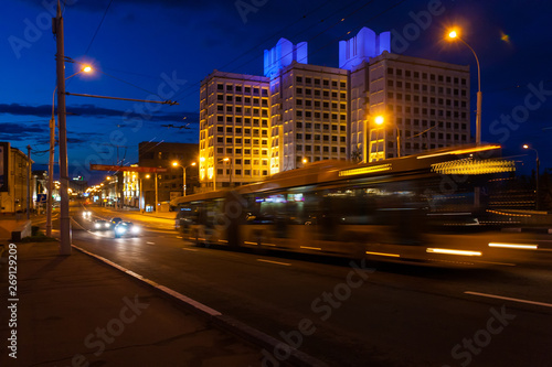 Motion blurred bus on the highway in the evening. © leon134865